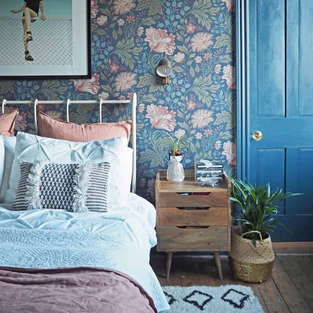soft floral wallpaper in blue bedroom with cozy styling dark blue wallpaper ideas home decor