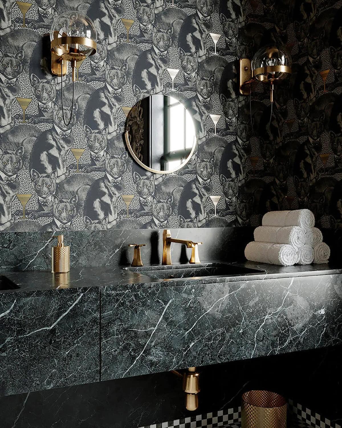 moody bathroom with black animal patterned wallpaper and gold lighting black wallpaper ideas home decor