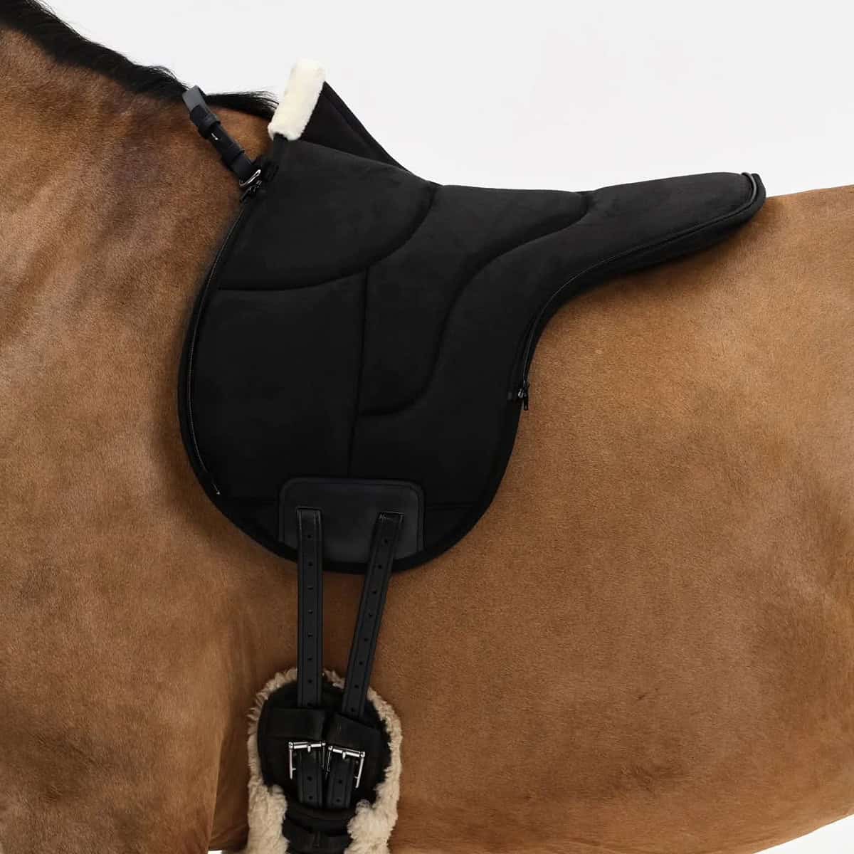 black saddle pad fitted on horse for comfort and clean riding setup, Best equestrian outfits for English riding