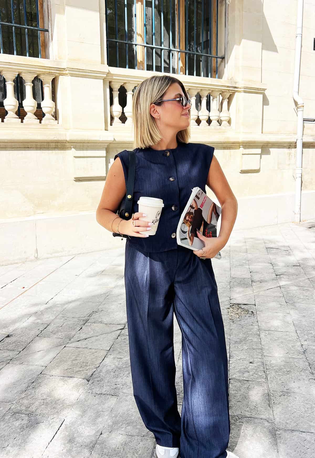 navy sleeveless vest top and wide-leg linen-blend trouser matching set for office attire for women over 40