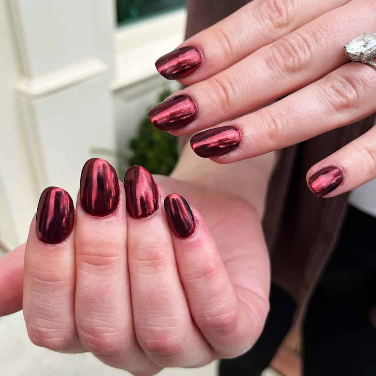 short oval deep red chrome nails simple glossy minimal classy style red chrome nails