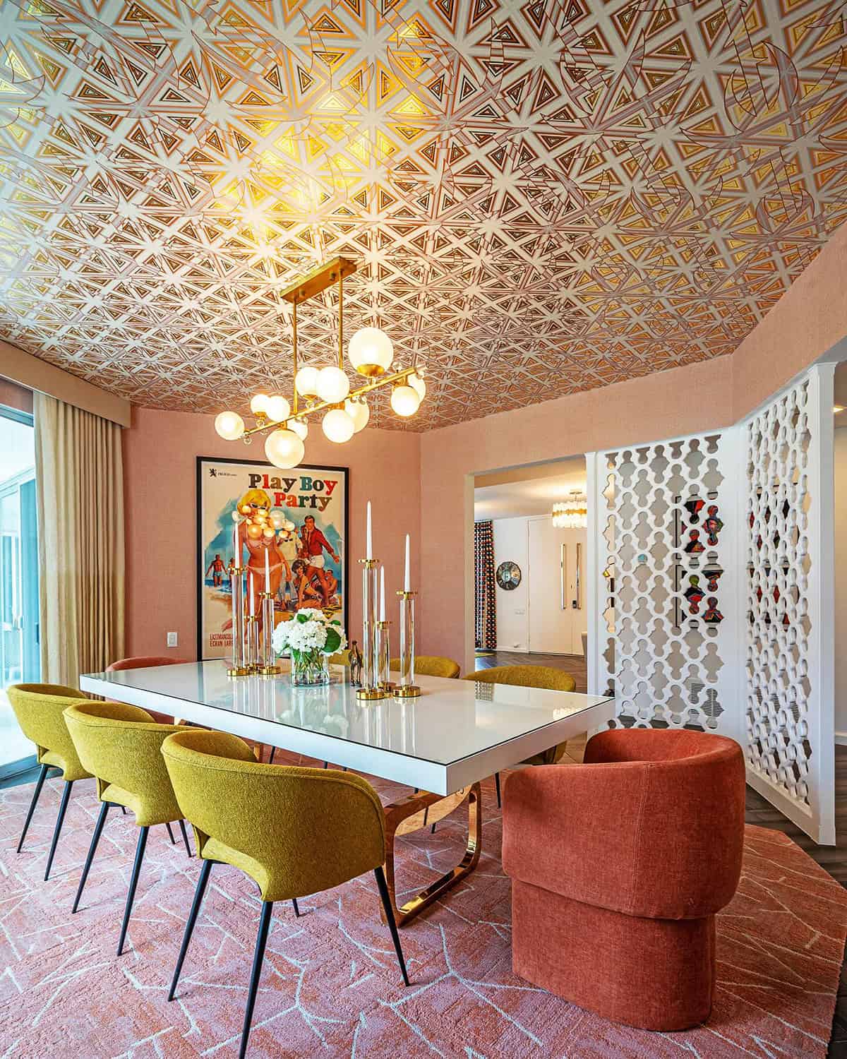 pink geometric star pattern wallpaper on a dining room ceiling pink wallpaper ideas home decor
