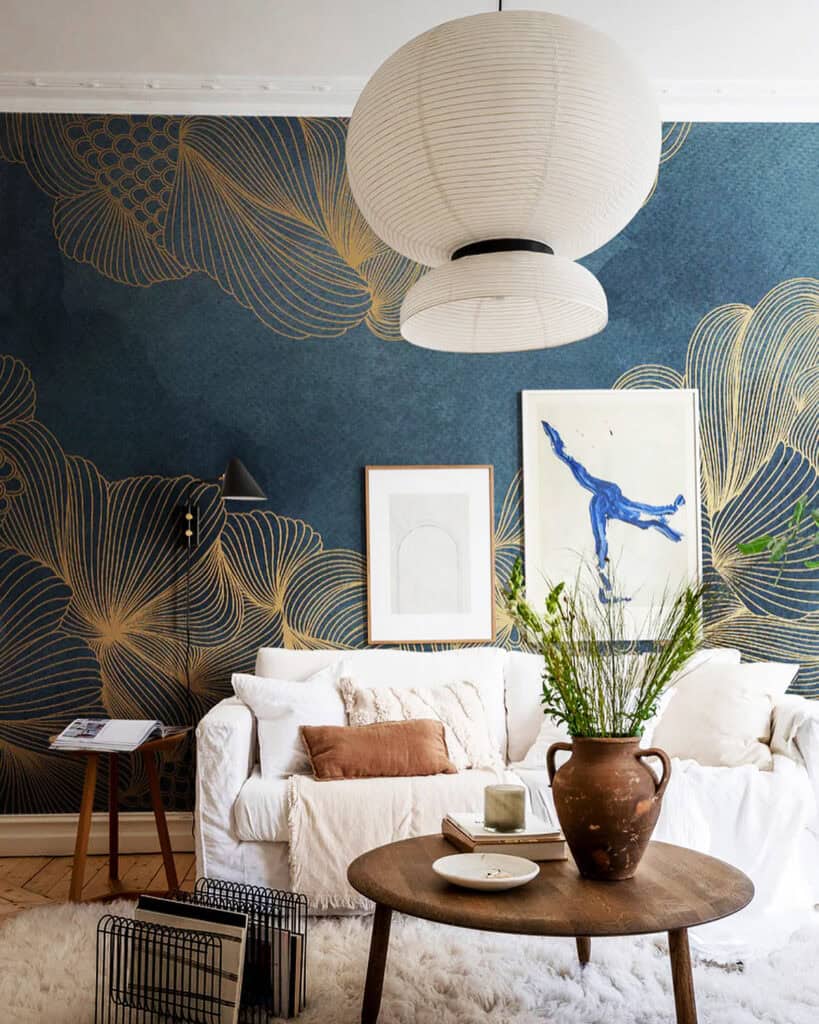 dark blue wallpaper with gold fan shapes in modern living room dark blue wallpaper ideas home decor