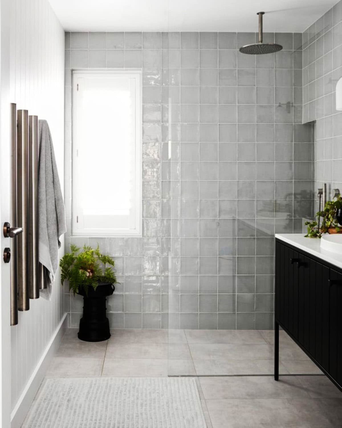 glossy gray zellige square shower bathroom tile ideas