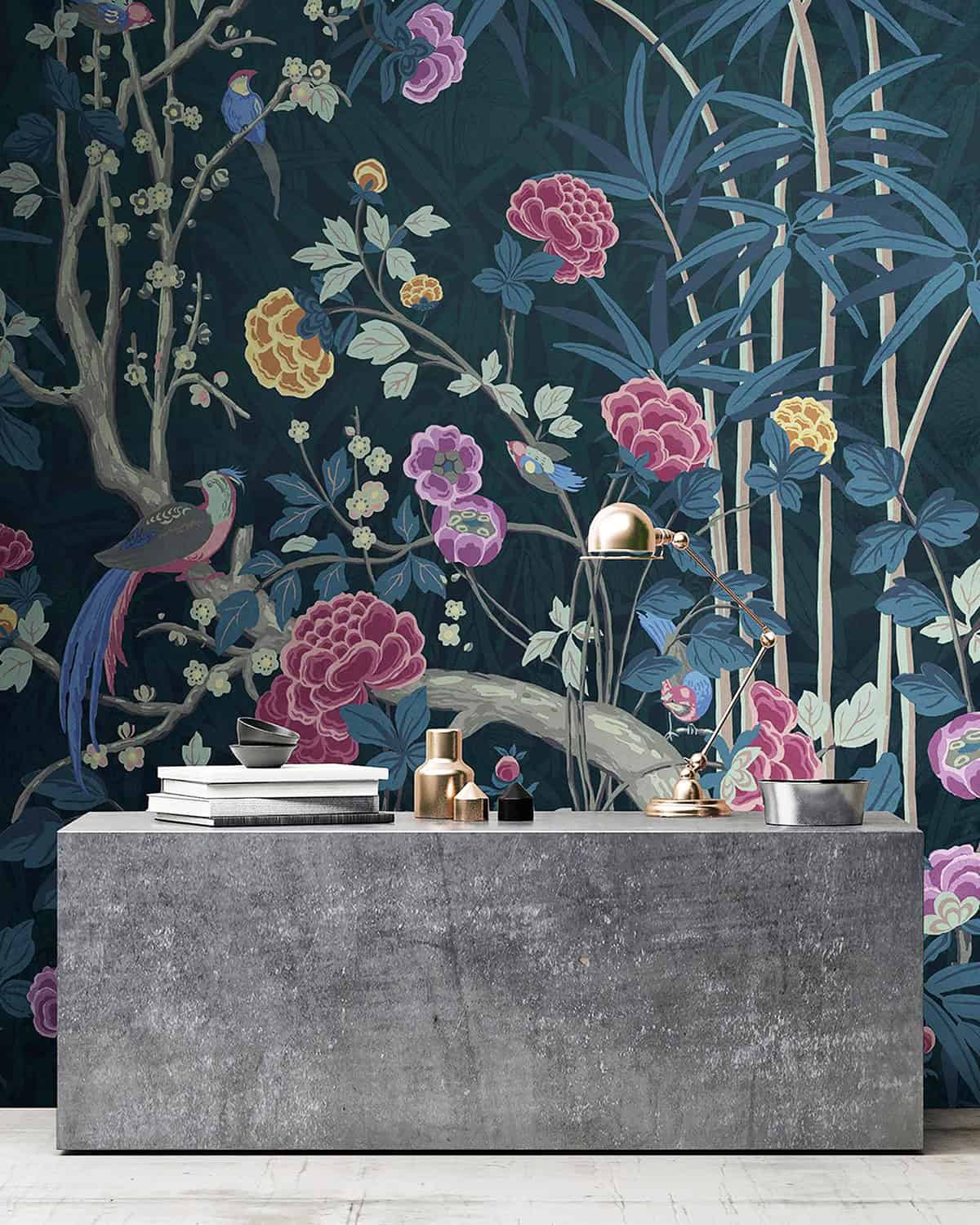 large scale floral mural wallpaper in dark blue with birds and branches dark blue wallpaper ideas home decor