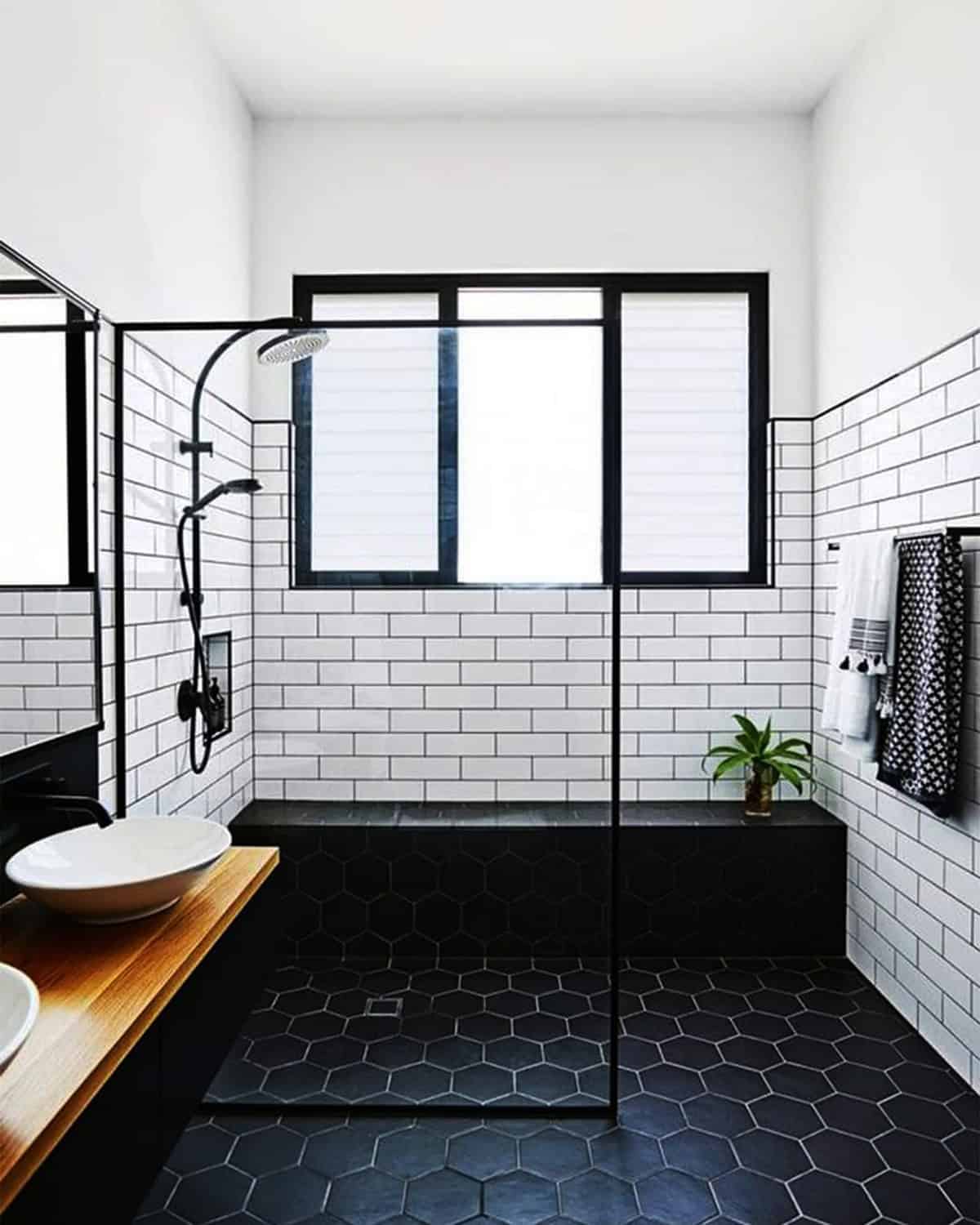 black hexagon floor tiles with white subway wall tiles modern bathroom contrast black bathroom ideas