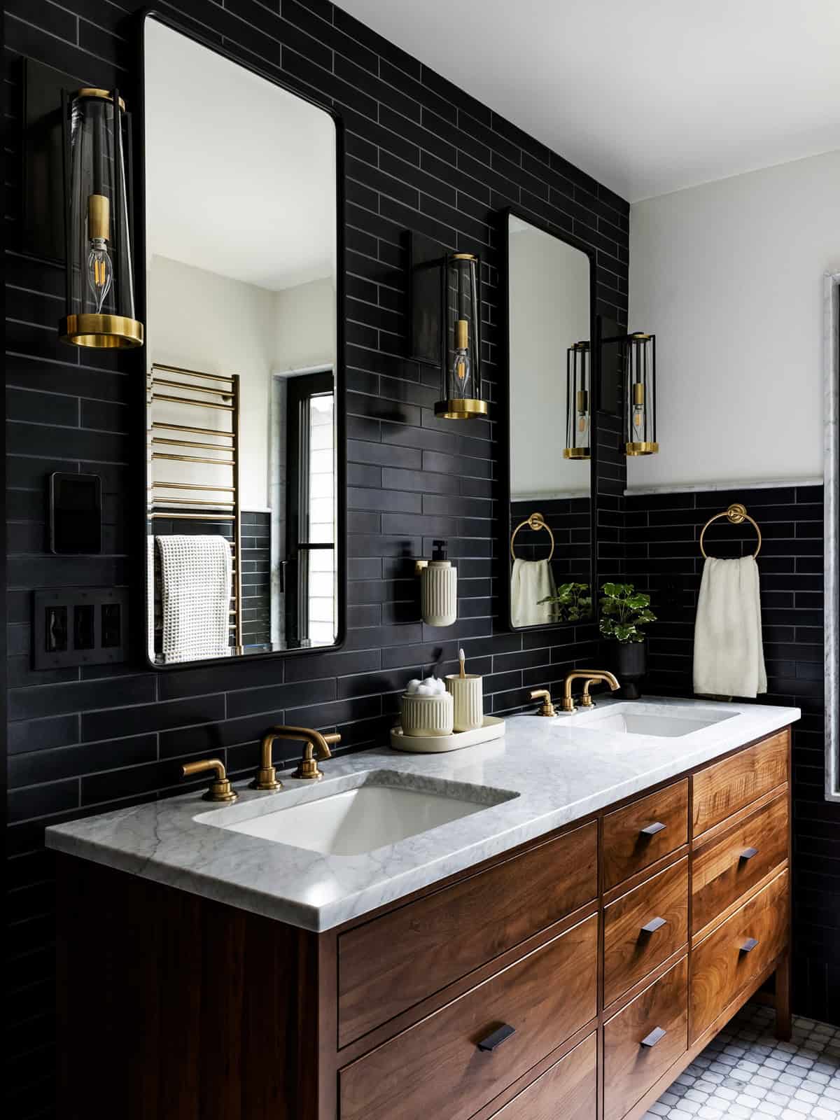 black subway wall tiles with wood vanity and marble countertop modern bathroom design black bathroom ideas
