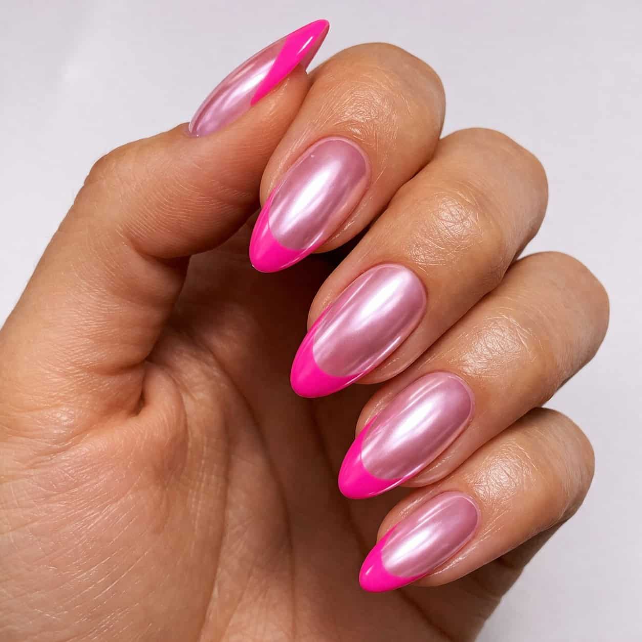 pink chrome nails with french tips