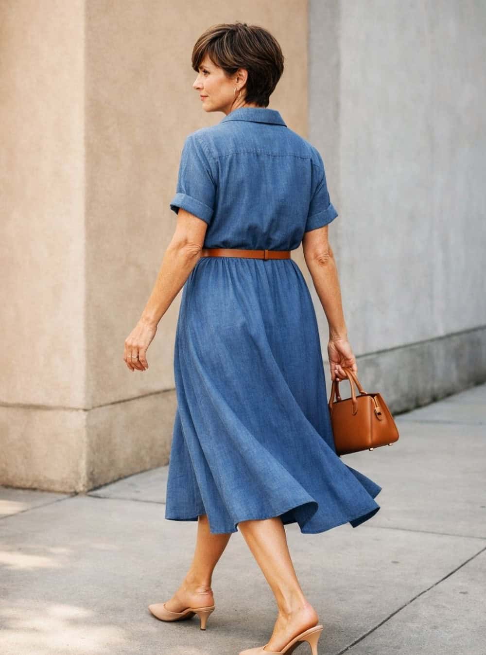 blue chambray shirt dress with belt