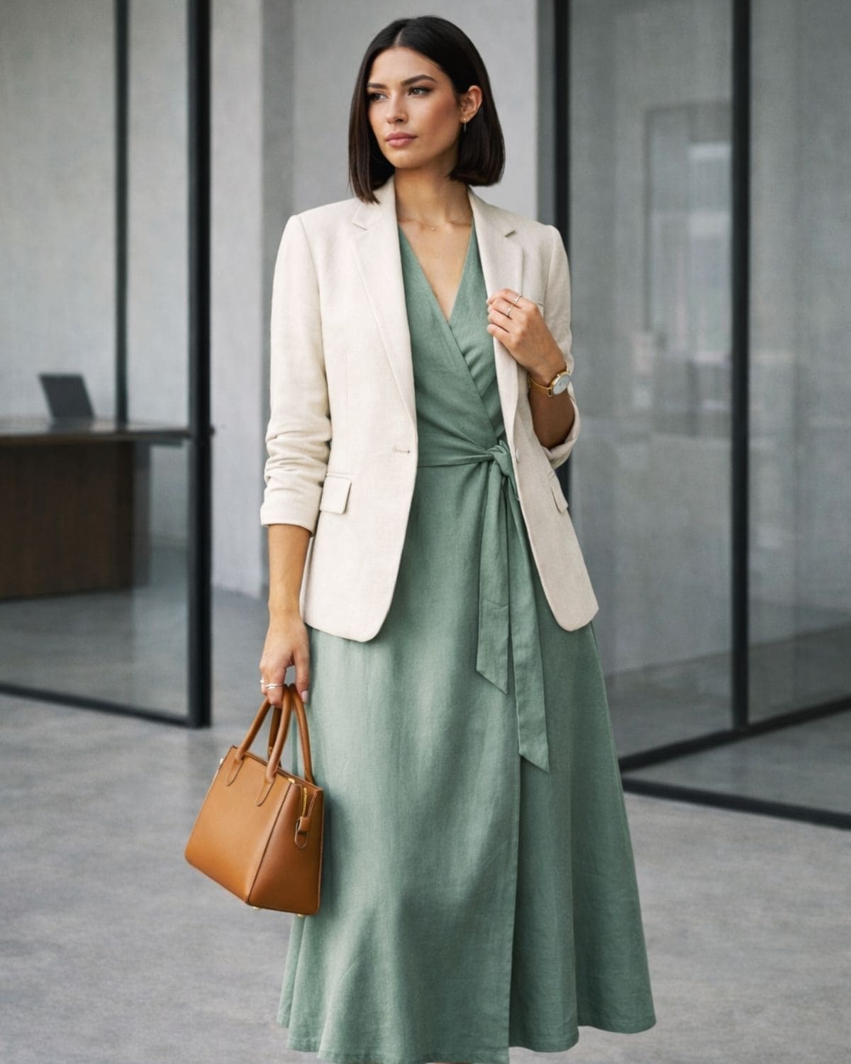 sage green wrap dress and white linen blazer