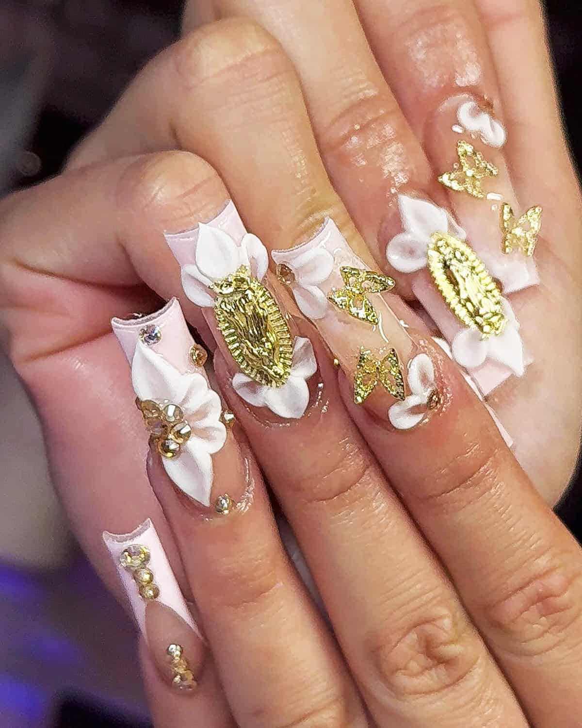 white nails with gold embellishments, 3D flowers baddie nails for summer