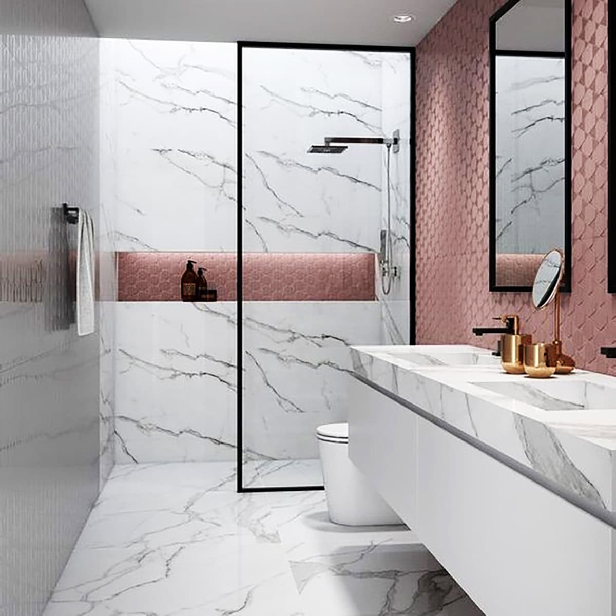 white marble and pink 3D accent tile bathroom ideas