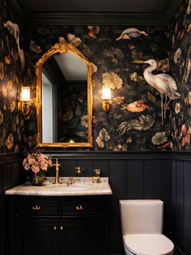 patterned black wallpaper for small bathrooms