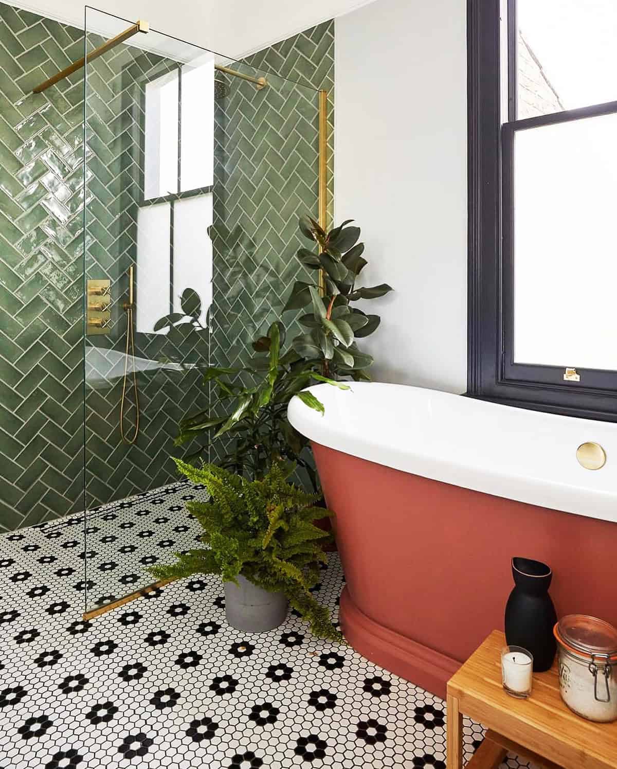 green herringbone subway tile shower wall bathroom tile ideas