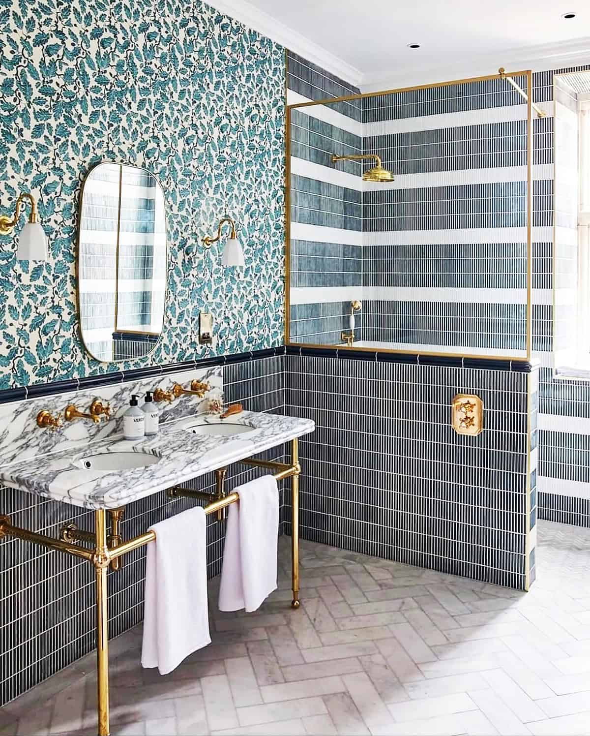 navy vertical tile bathroom wall and striped shower bathroom tile ideas