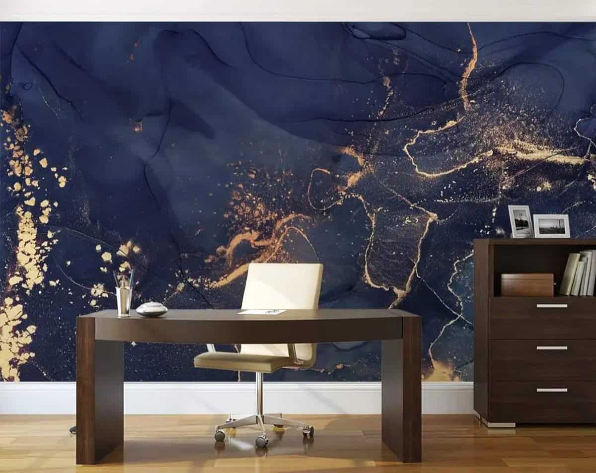 abstract marble style wallpaper with gold veining on dark blue wall dark blue wallpaper ideas home decor