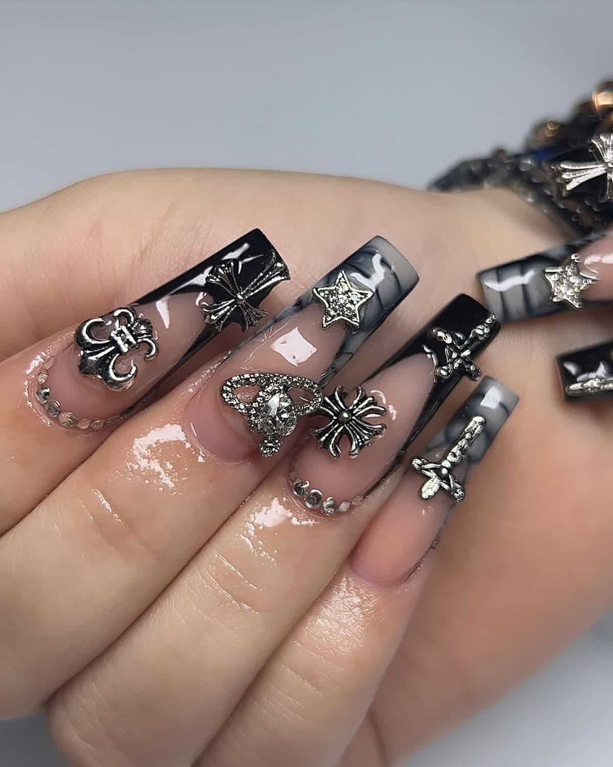 black and grey chrome nails with studded edgy details baddie nails for summer