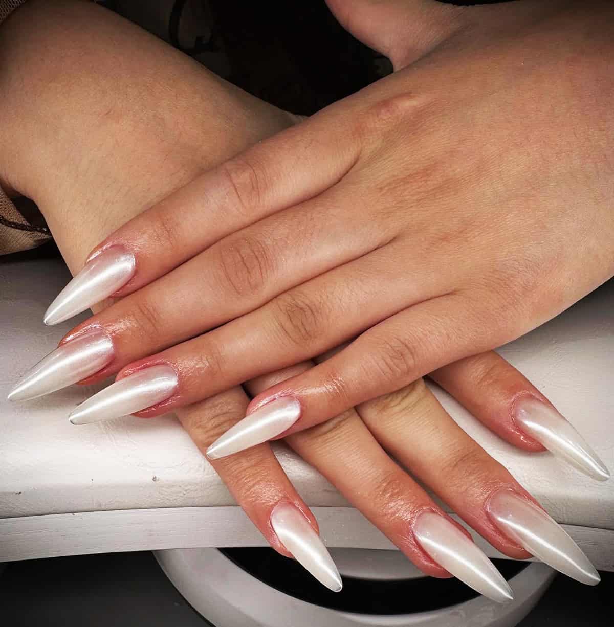 long stiletto nails with pearly white chrome nails