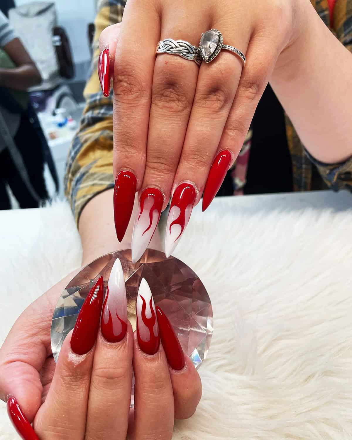 long red stiletto nails with white ombre flame accent nails fire nails