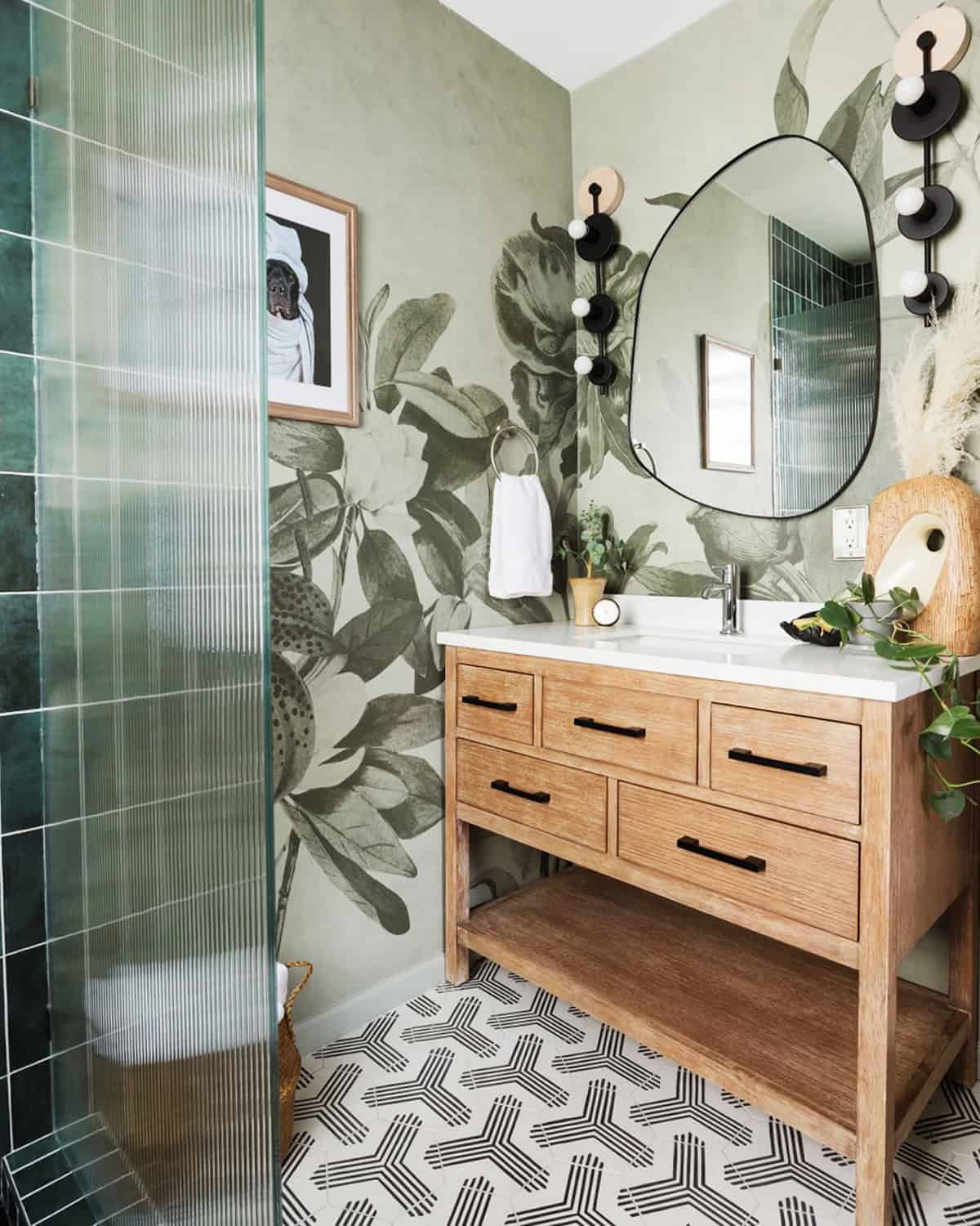 green vertical fluted tile shower with geometric floor bathroom tile ideas