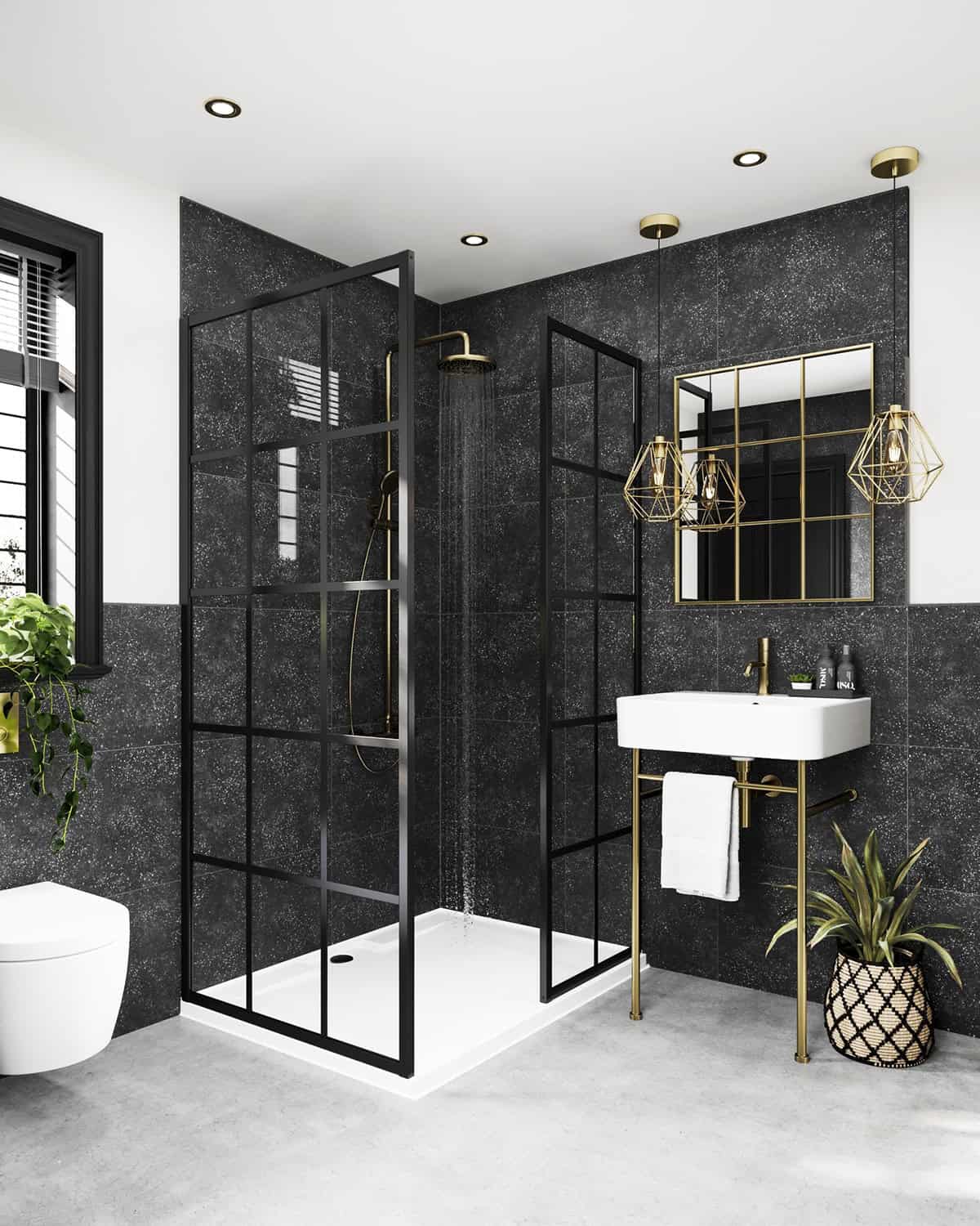 speckled black bathroom with gold accents and glass shower creating a balanced look, black bathroom ideas