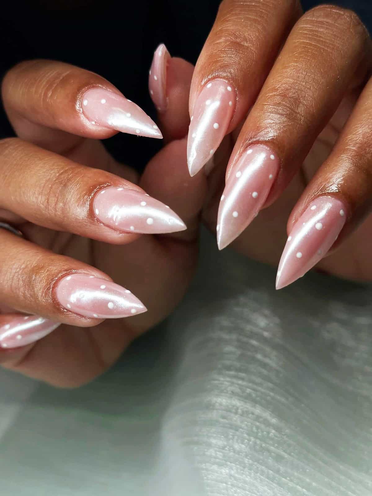long stiletto nails with pearly white chrome finish