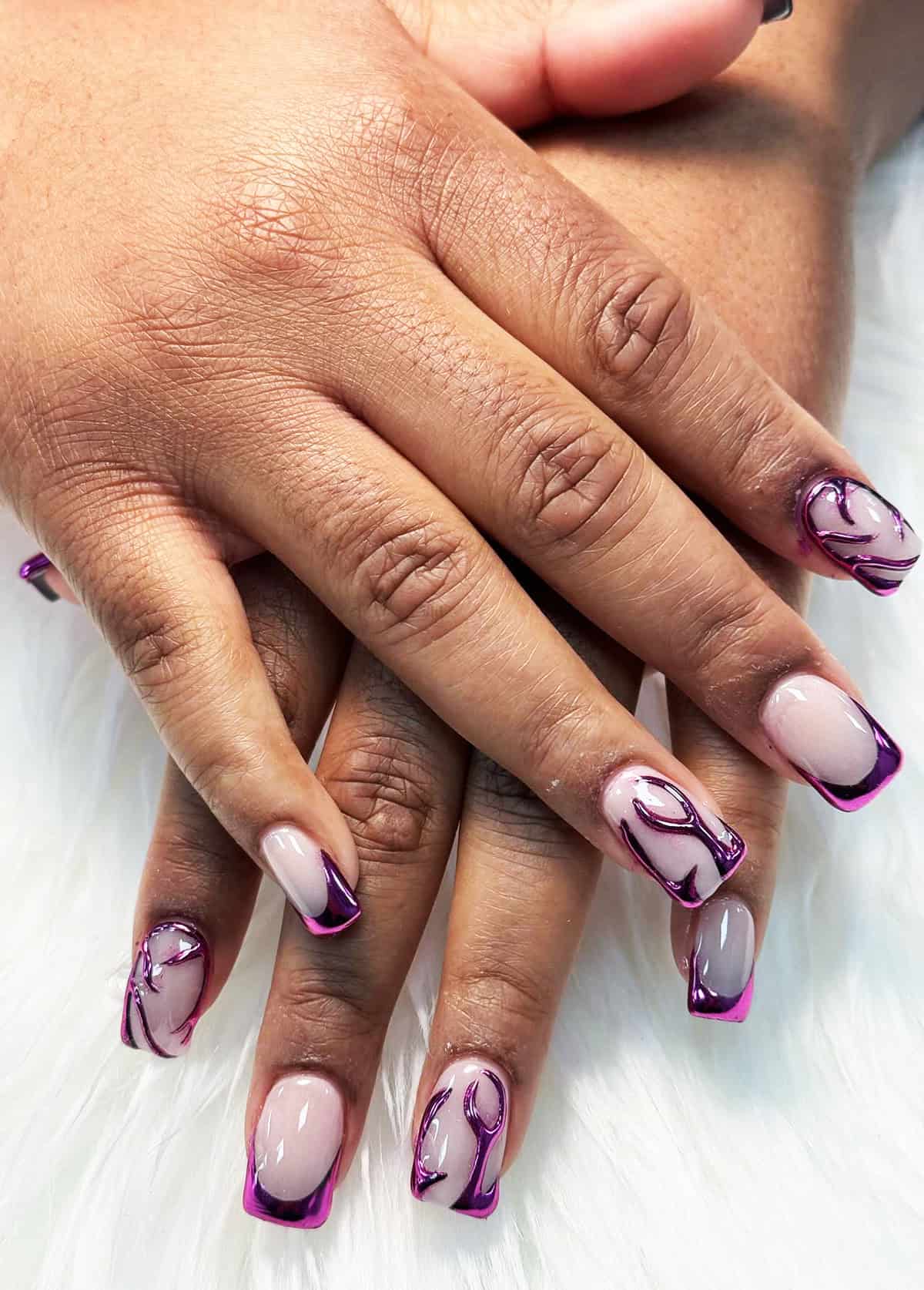 ude pink chrome square nails with metallic chrome outline design futuristic style pink chrome nails