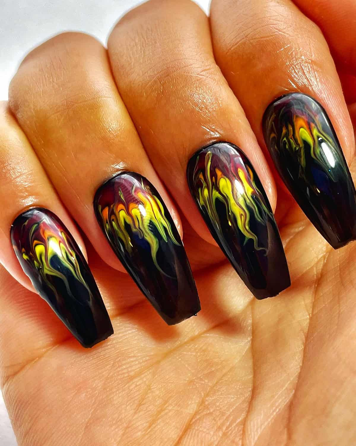 long black coffin nails with multicolor abstract swirl flame nail art fire nails