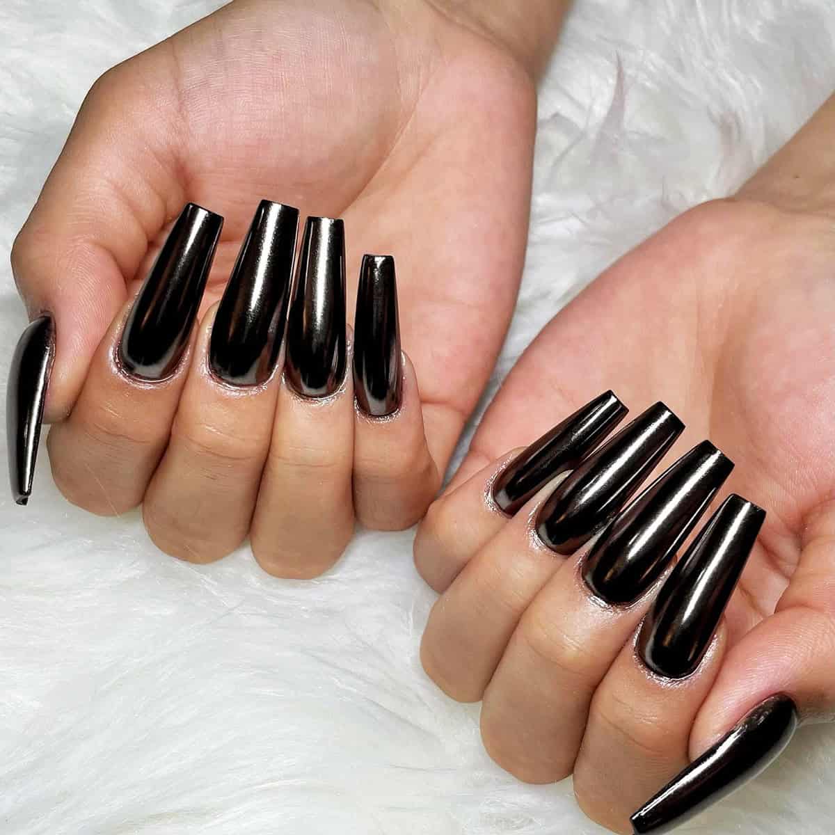 long coffin mirror black chrome nails with ultra glossy finish black chrome nails