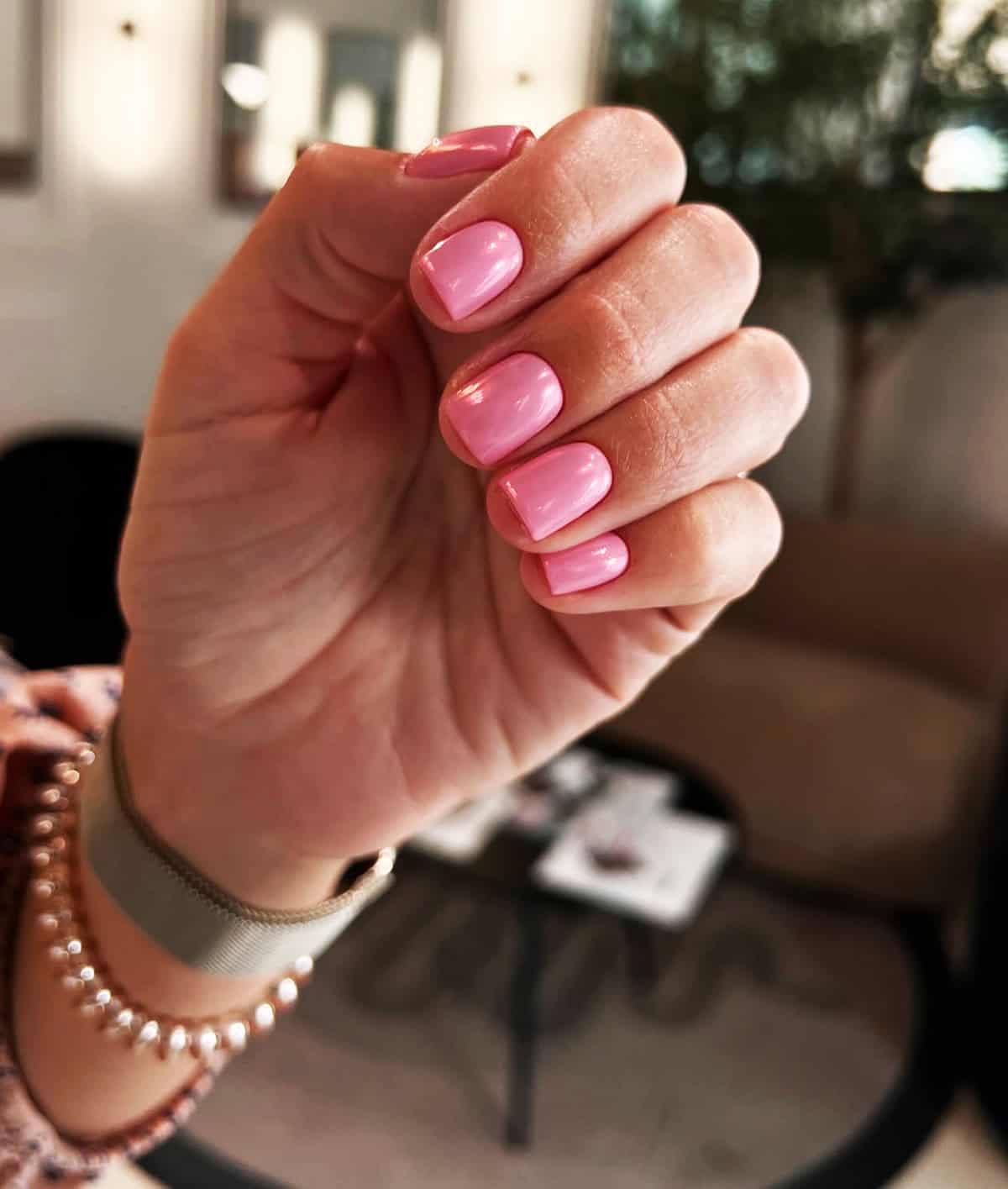 short nails with glossy pink chrome finish simple clean look pink chrome nails