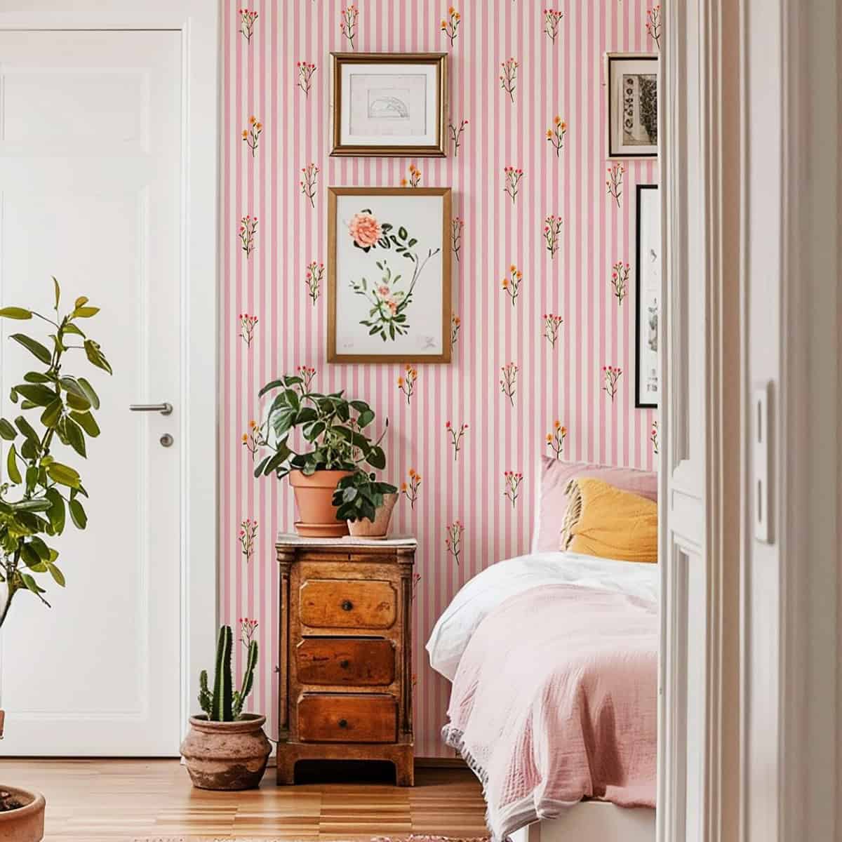 thin pink and white stripe wallpaper with floral sprigspink wallpaper ideas home decor