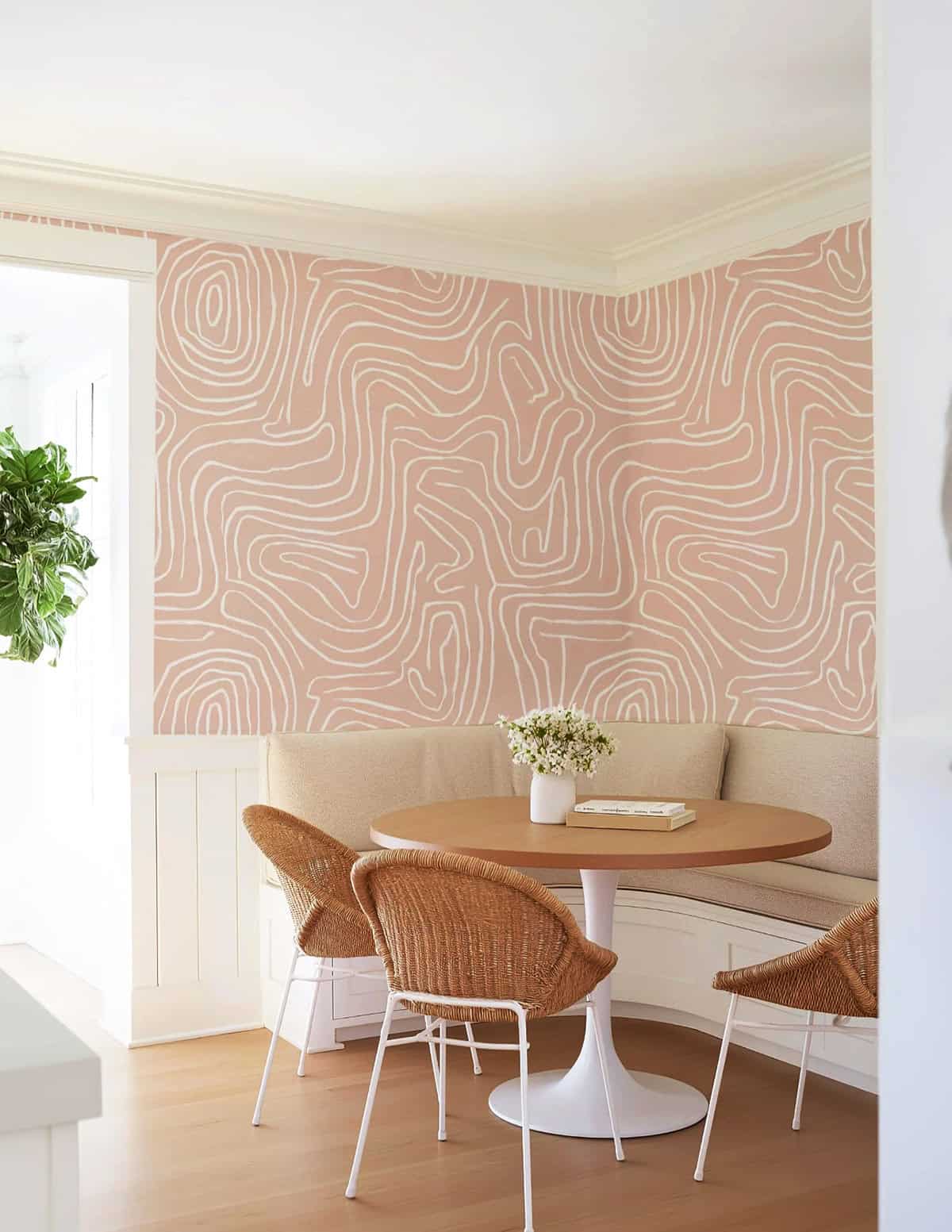 bush pink abstract topographic wallpaper in a bright dining nook pink wallpaper ideas home decor