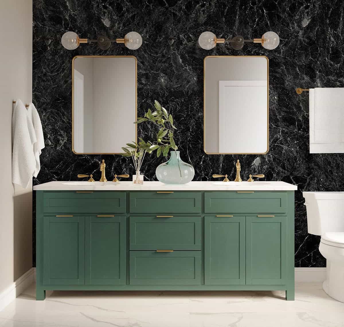 bathroom with black marble wallpaper and green vanity with gold fixtures black wallpaper ideas home decor