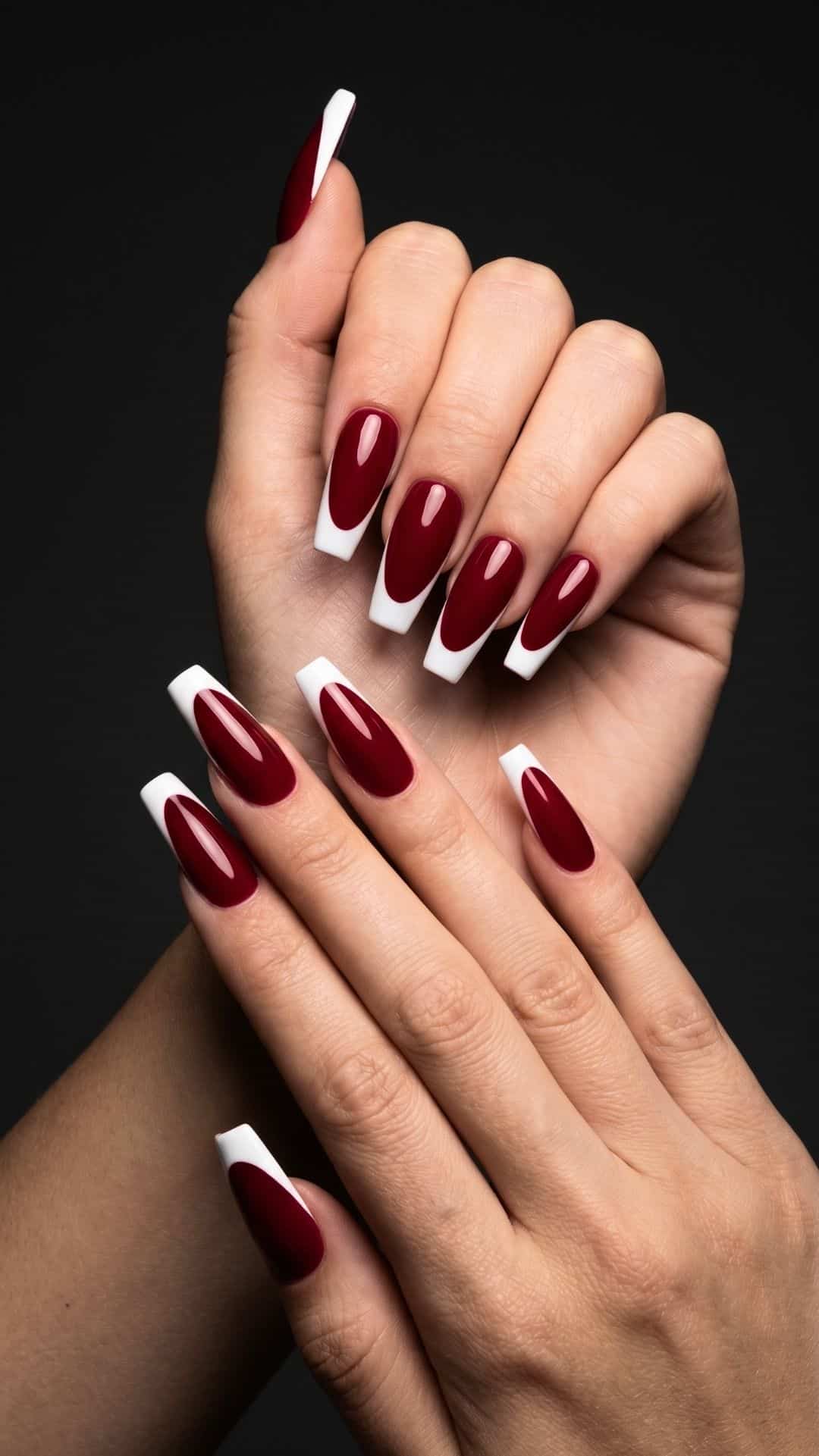 white french tips on red baddie nails