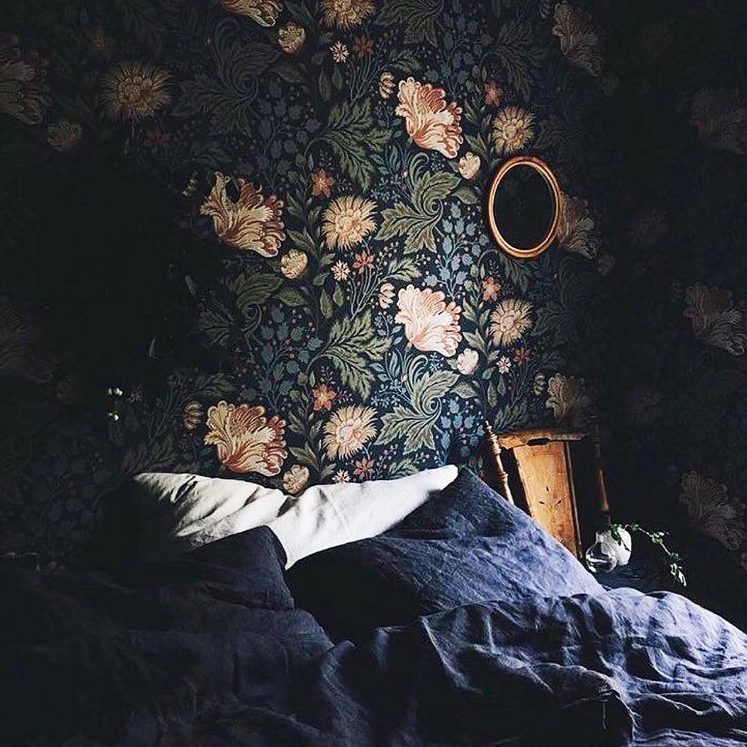 floral pattern dark blue wallpaper in bedroom