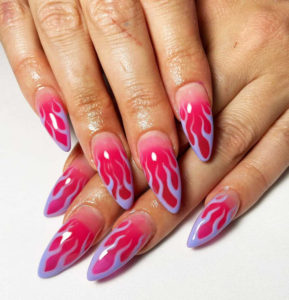 hot pink and lavender stiletto nails with pink flame nail art fire nails