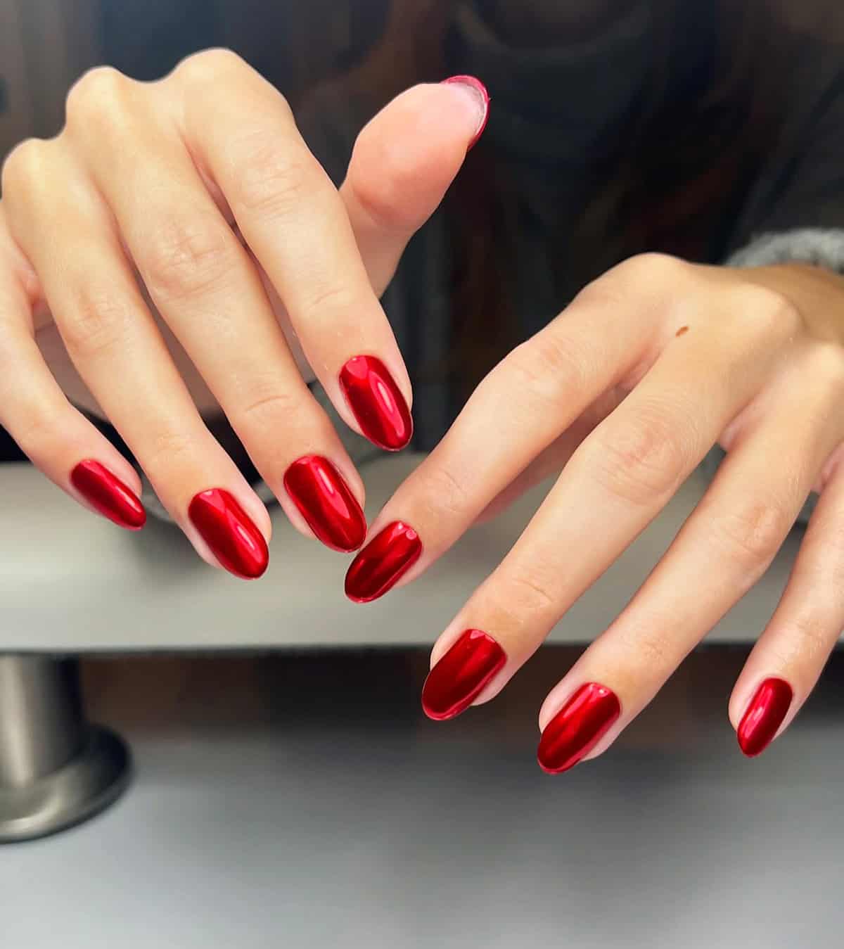 short oval bright red chrome nails
