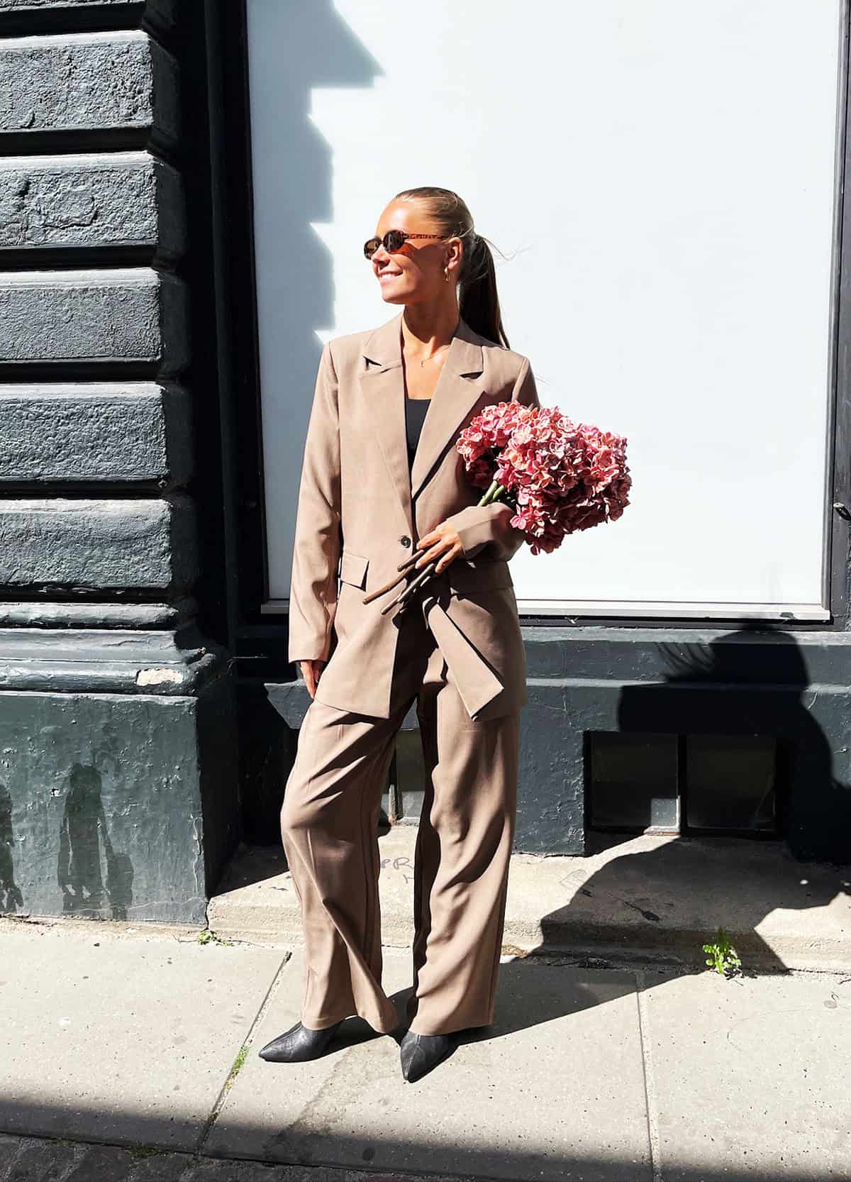 taupe oversized matching blazer and wide-leg trouser suit set for office attire for women over 40