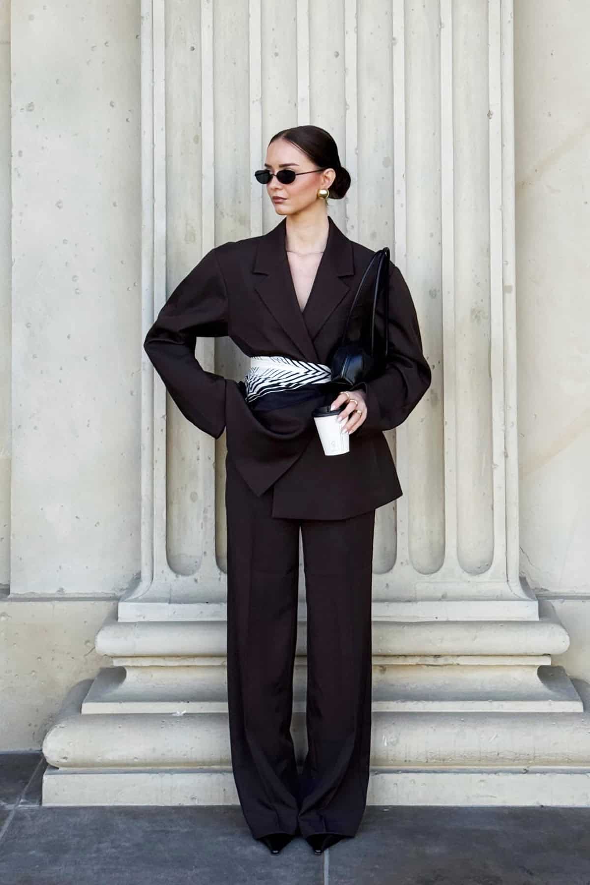 deep brown monochrome oversized blazer and wide-leg trouser suit for office attire for women over 40