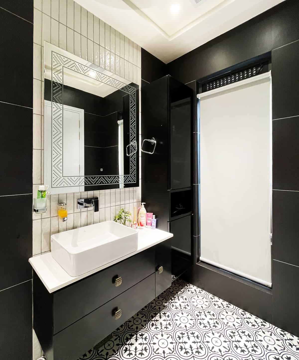 black wall tiles with patterned floor tiles modern bathroom design black bathroom ideas