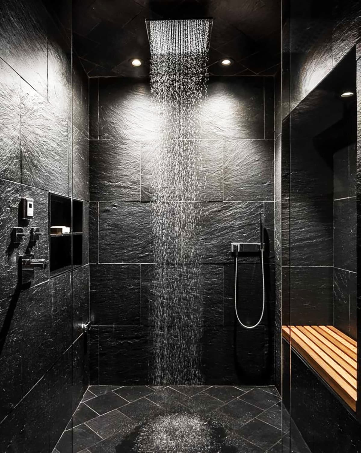 all black bathroom with rainfall shower black bathroom ideas