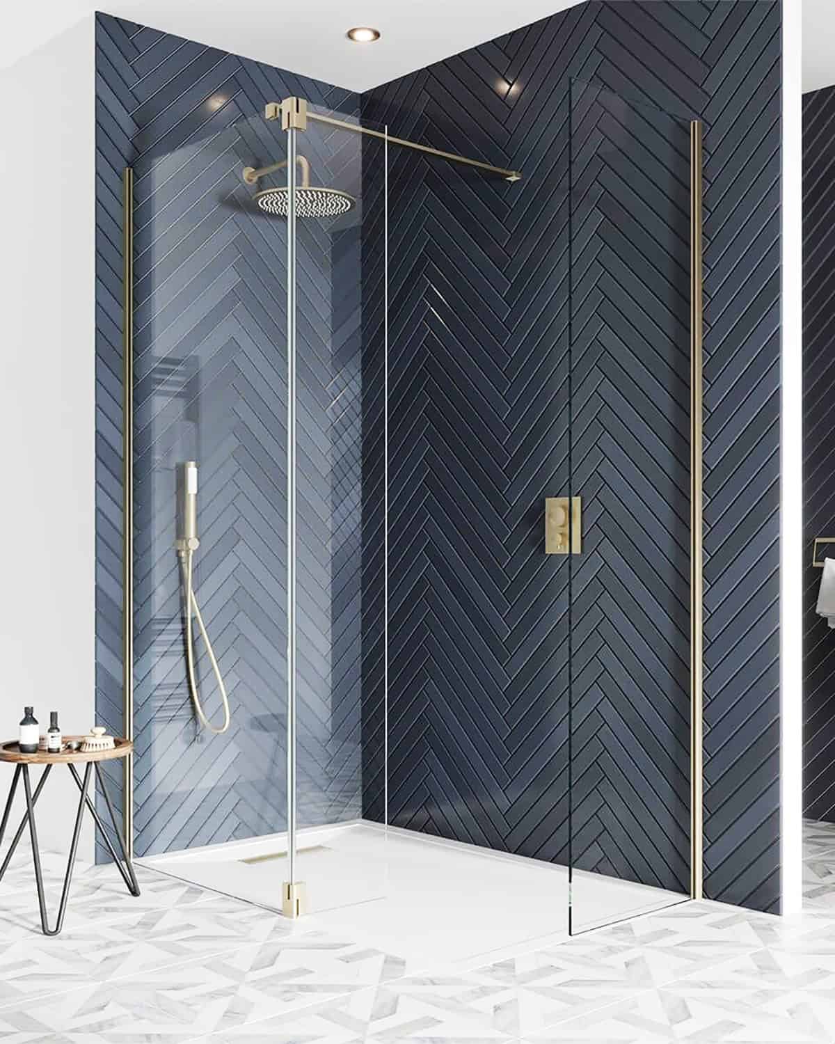 navy herringbone shower wall bathroom tile ideas