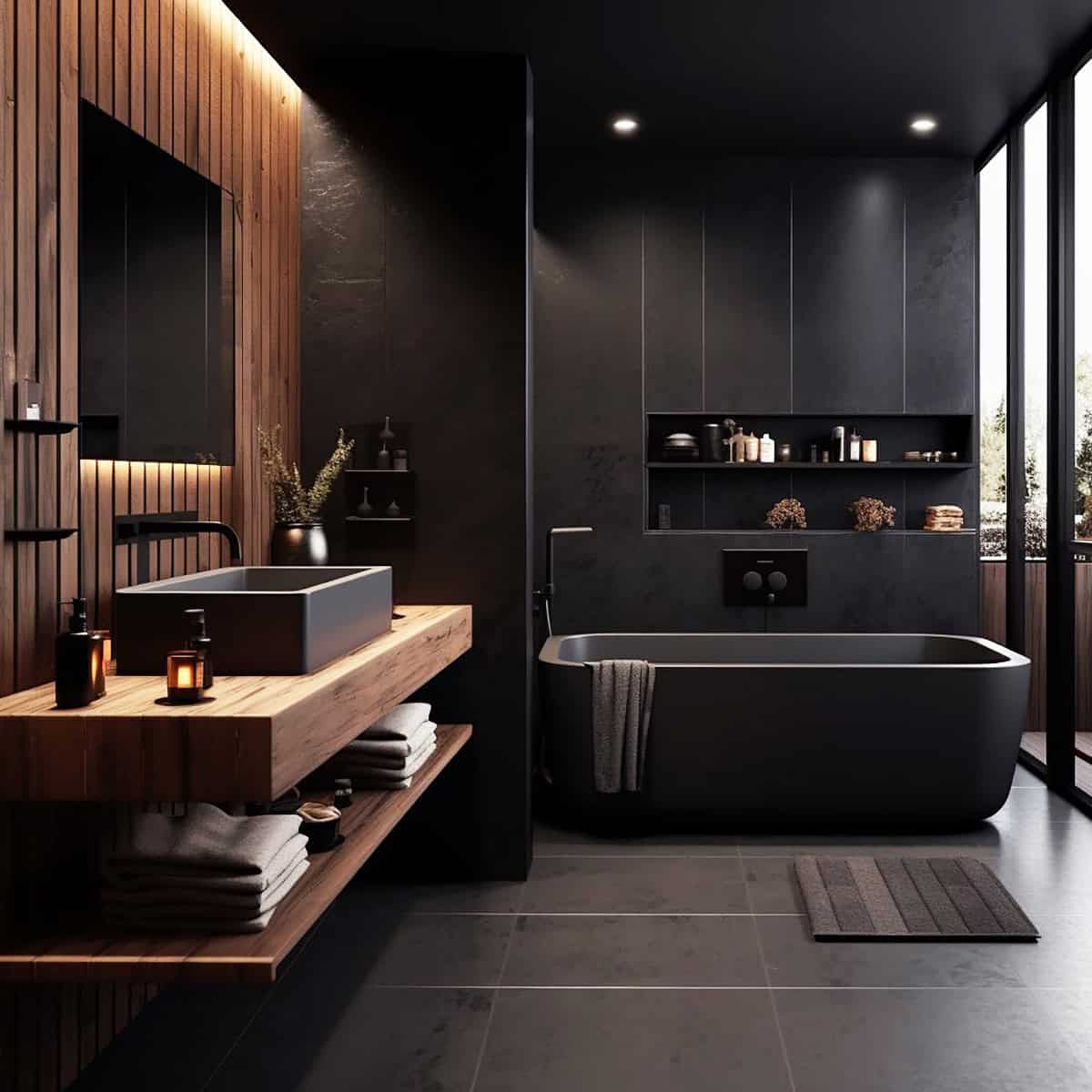 black bathroom with wood accents and soft lighting creating a spa-like feel, black bathroom ideas