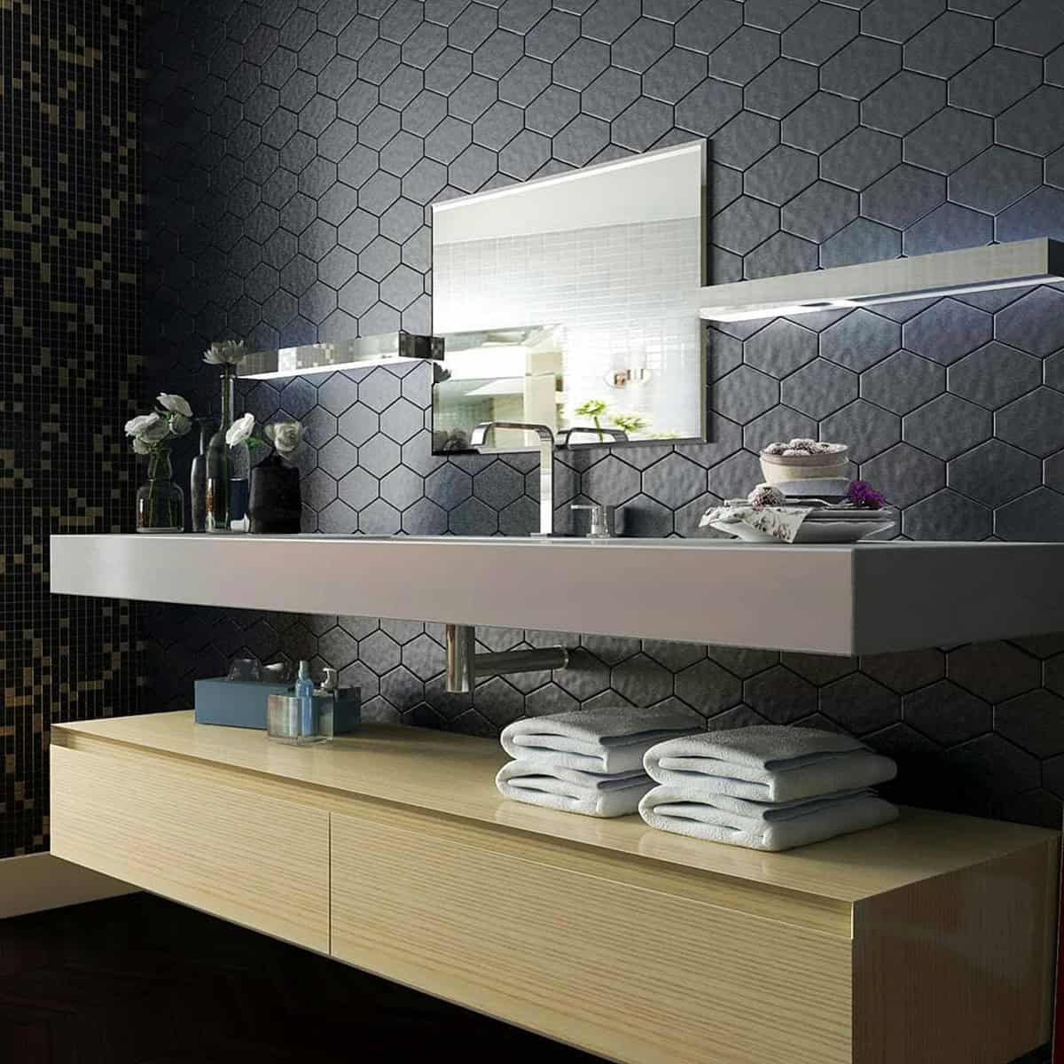 black hexagon wall tiles with wood vanity modern bathroom design textured tile wall black bathroom ideas