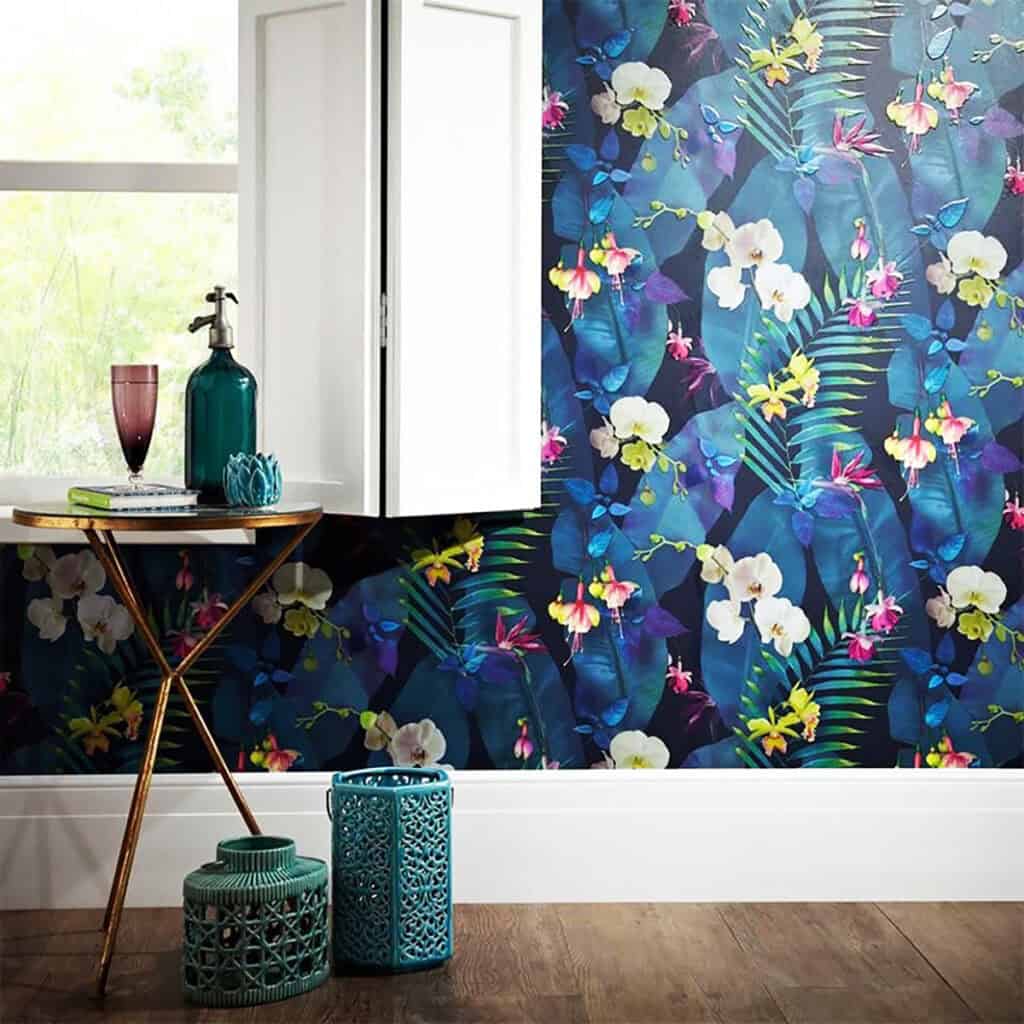 tropical floral wallpaper with vibrant colors on dark blue base dark blue wallpaper ideas home decor