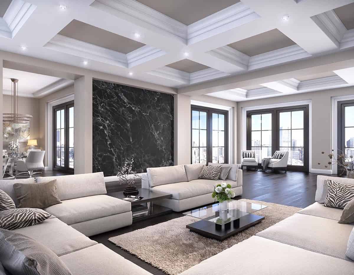 black marble accent wall and neutral furniture black wallpaper ideas home decor