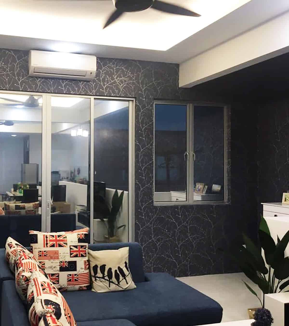 delicate branch wallpaper in dark blue-gray living room space dark blue wallpaper ideas home decor