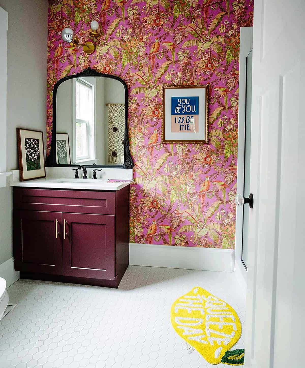 tropical botanical wallpaper in a small bathroom pink wallpaper ideas home decor