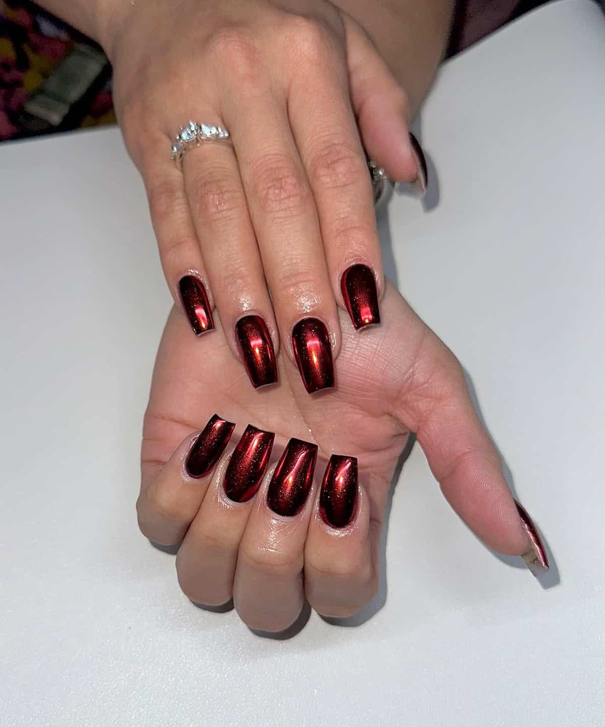 dark red chrome coffin nails red chrome nails