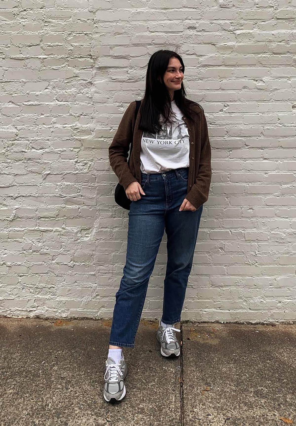 brown cardigan graphic tee denim jeans and sweaters for fall